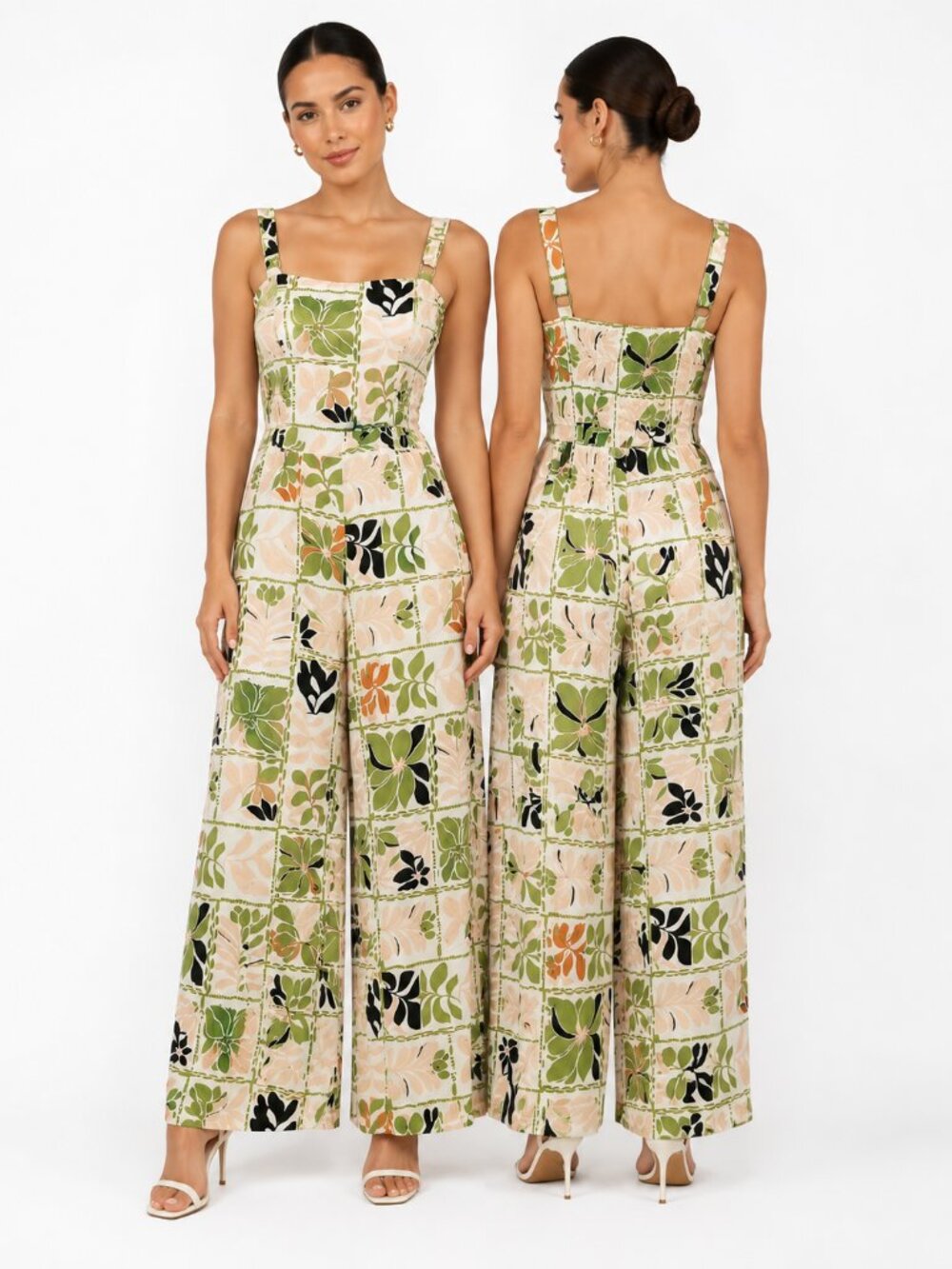 Luxology Women Green Tropical Floral Wide Leg Jumpsuit Size Medium NWT